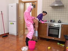 MILF gets nailed in the kitchen and made to swallow a lot