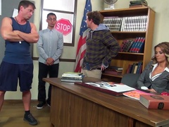 Gorgeous teacher Jessica Drake sucks three hard dicks