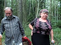 Perverted granny is sucking in the forest