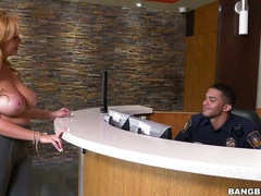 Bosomy blonde slut Jazmyn fucks horny security guard