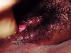 my chubby girlfriend masturbates with her dildo, she puts it in her hairy and chubby pussy and cums