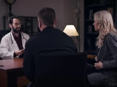 Doctor fucks this man's wife and cums on her big jugs