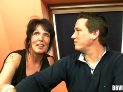 Two dicks for a lustful granny to suck and feel in her fuck hole