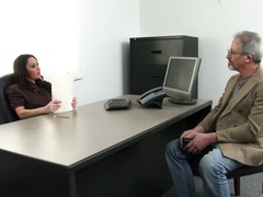 She likes the new guy so much she fucks him on top of her desk