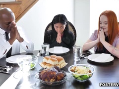 Young redhead Ember works on foster dad's long black dong - ember snow